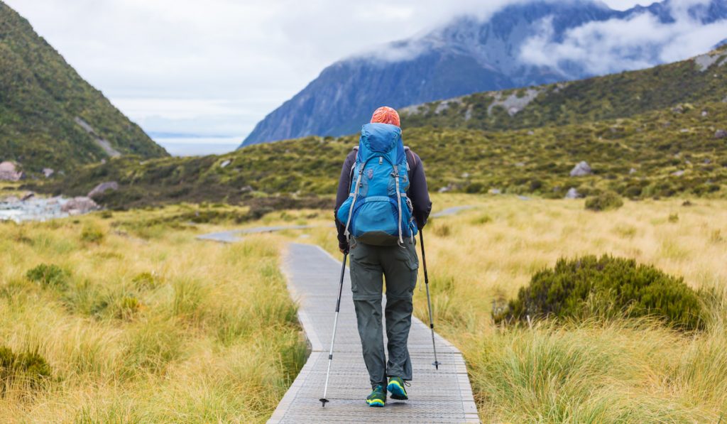 solo hiker with his blue backpack in new zealand mountains 