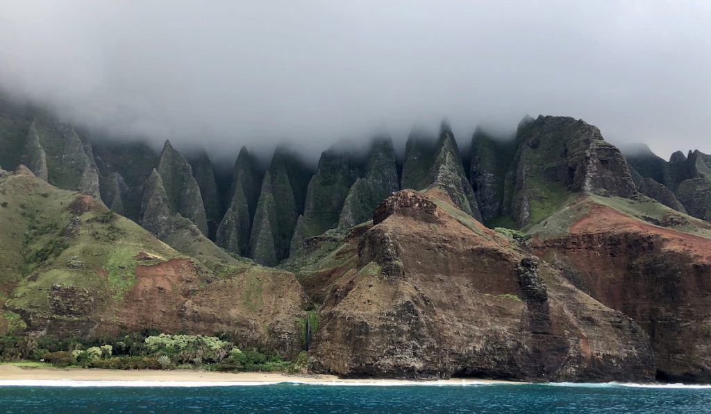 The misty fins of the NaPali coastline of Kauai hawaii